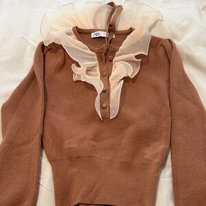 Zara Brown Sweater with Cream Ruffle Detail